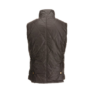 Rear view of a Tom Beckbe Paddock Quilted Vest in HD Wool, featuring a sleeveless design, high collar, and side buttons.