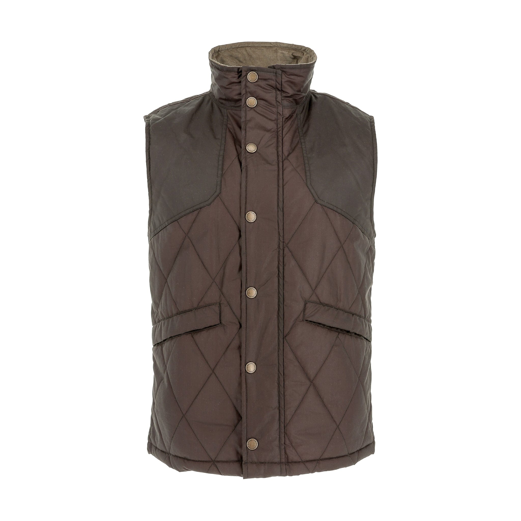 Tom Beckbe Paddock Quilted Vest in Rye Brown with snap buttons, front flap pockets, and a high collar.
