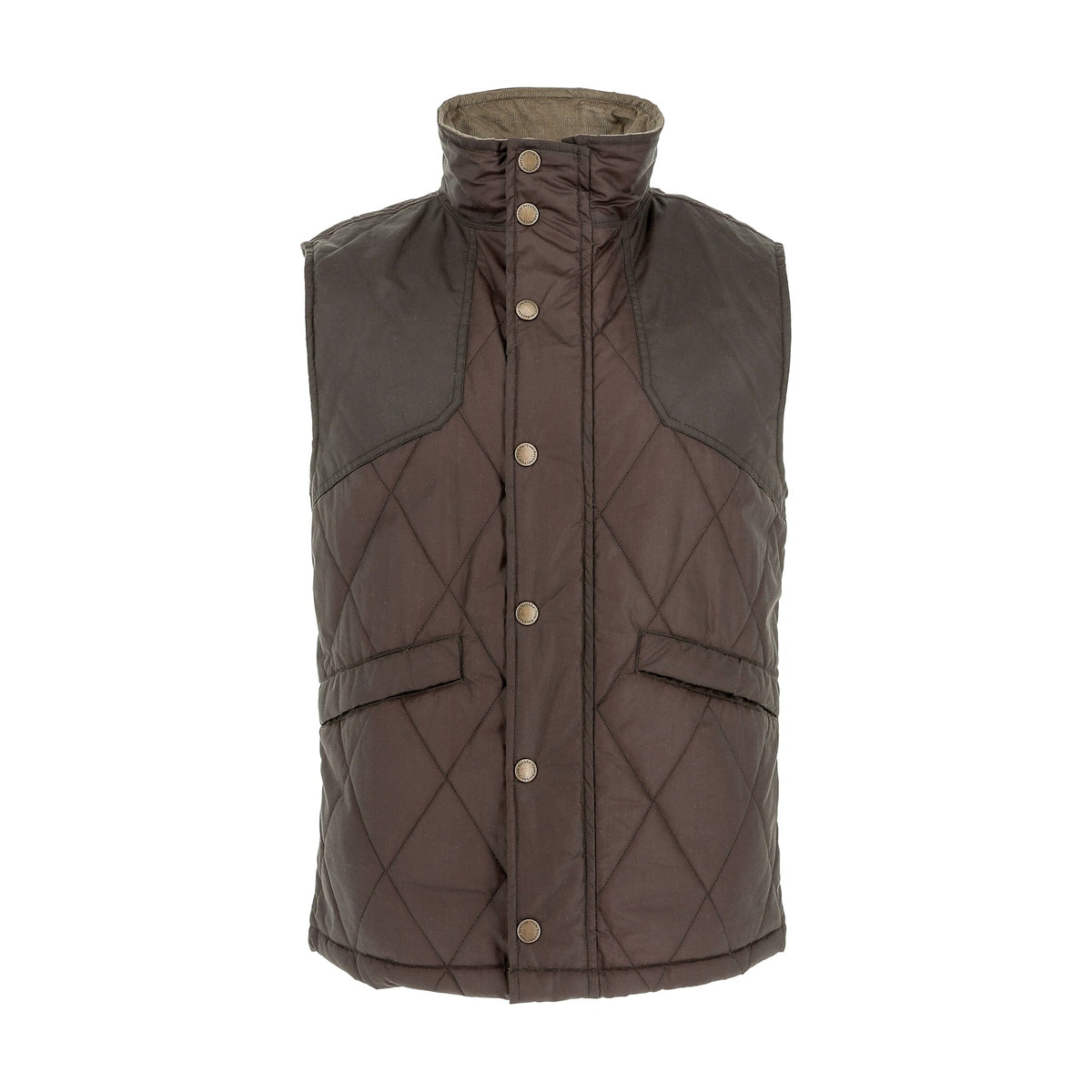 Tom Beckbe Paddock Quilted Vest in Rye Brown with snap buttons, front flap pockets, and a high collar.