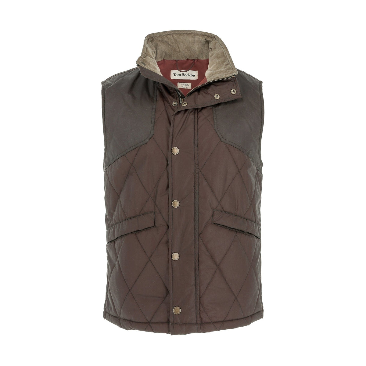 Tom Beckbe Paddock Quilted Vest: brown, weatherproof, snap closure, high collar, and two pockets on a white background.