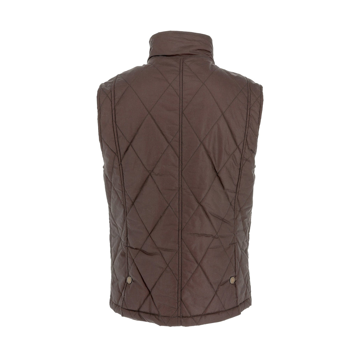 Back view of the Tom Beckbe Paddock Quilted Vest in brown with a high collar and two snap buttons—ideal weatherproof layer.