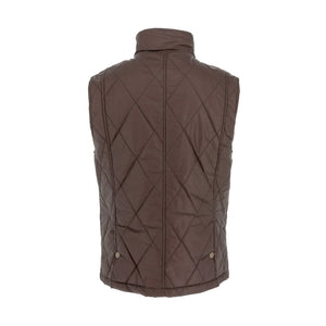 Back view of the Tom Beckbe Paddock Quilted Vest in brown with a high collar and two snap buttons—ideal weatherproof layer.