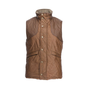 Tom Beckbes Paddock Quilted Vest has HD Wool, a high collar, button front, and two side pockets.