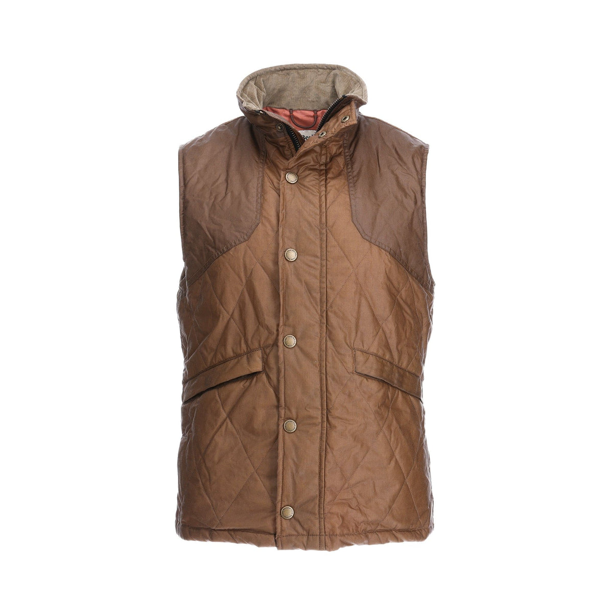 Tom Beckbes Paddock Quilted Vest: brown, sleeveless, high-collar with buttons, HD Wool liner, weatherproof waxed cotton.