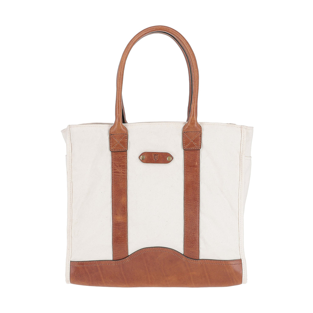 The Tom Beckbe Perdido Canvas Carryall Bag features brown leather handles, vertical trims, and a leather base.