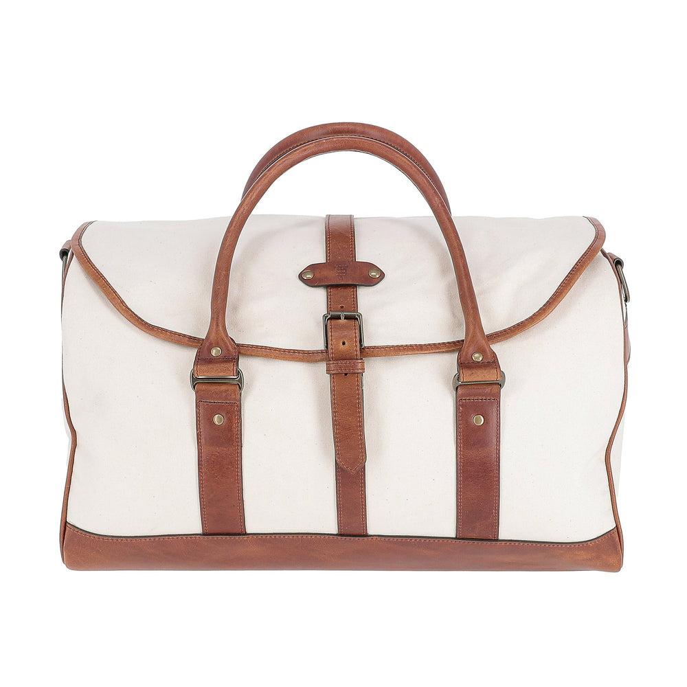 The Tom Beckbe Perdido Canvas Weekender Duffel Bag features cream canvas with brown leather straps and trim.