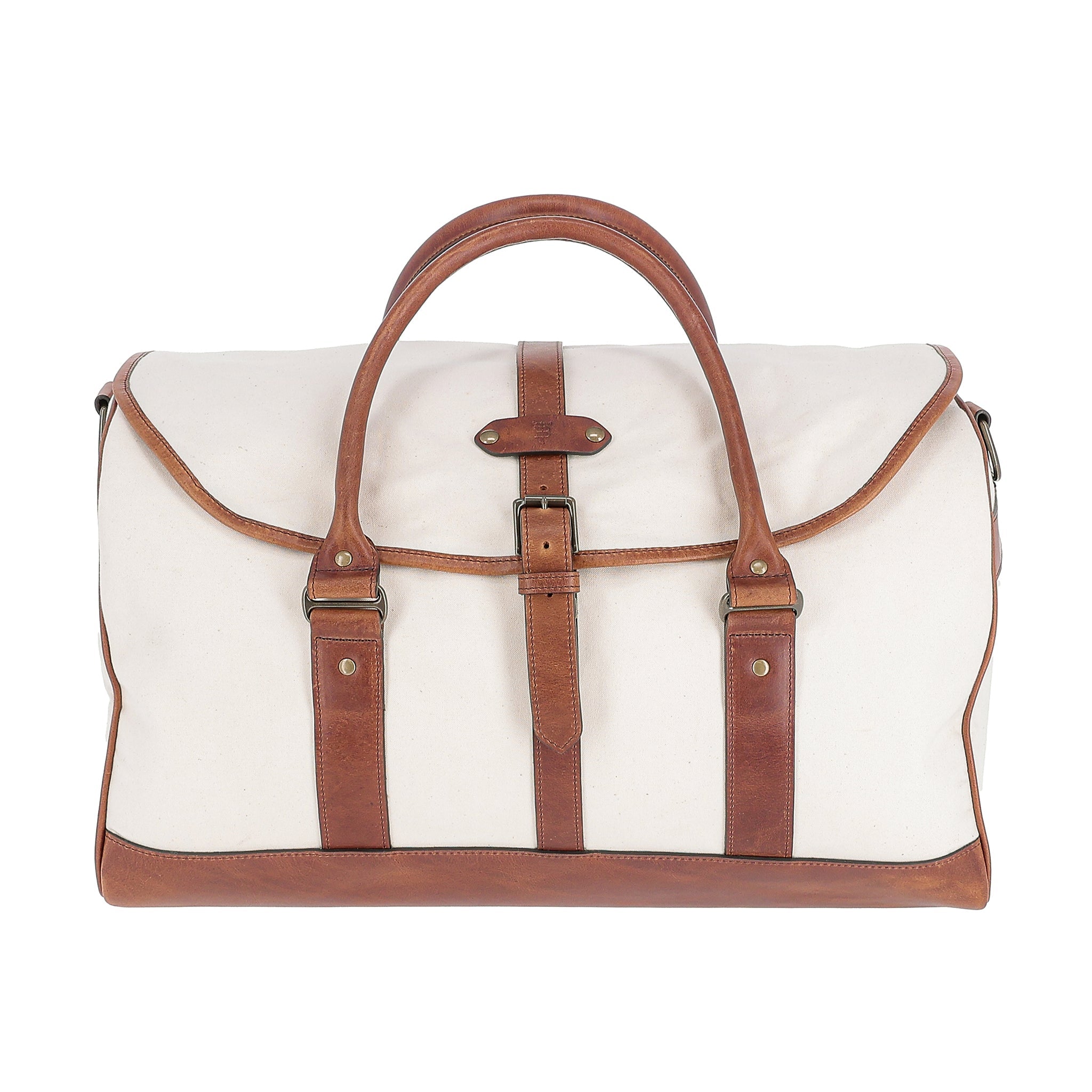 The Tom Beckbe Perdido Canvas Weekender Duffel Bag features cream canvas with brown leather straps and trim.