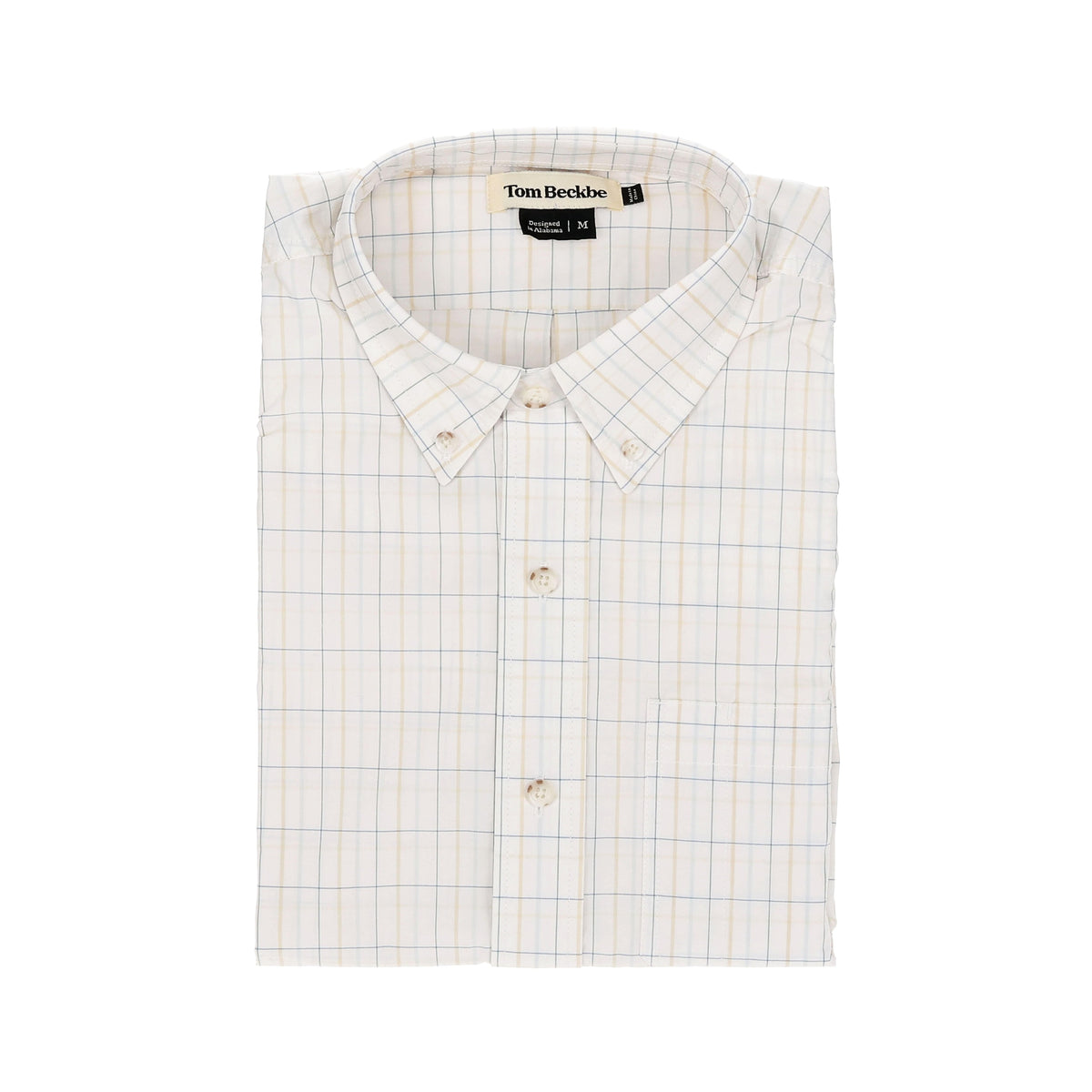 The Powell Performance Shirt by Tom Beckbe is lightweight, features a white checkered design, and offers UPF 30+ coverage.