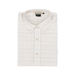 The Powell Performance Shirt by Tom Beckbe is lightweight, features a white checkered design, and offers UPF 30+ coverage.