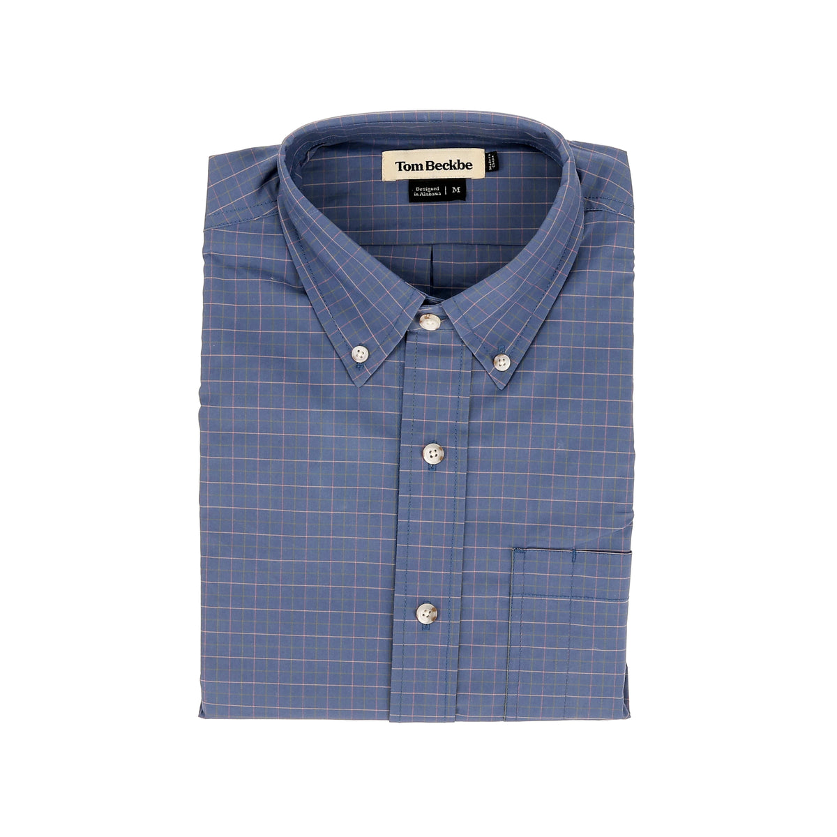 Folded Powell Performance Shirt, blue checkered, size medium, with button-down collar and front pocket. Brand: Tom Beckbe.