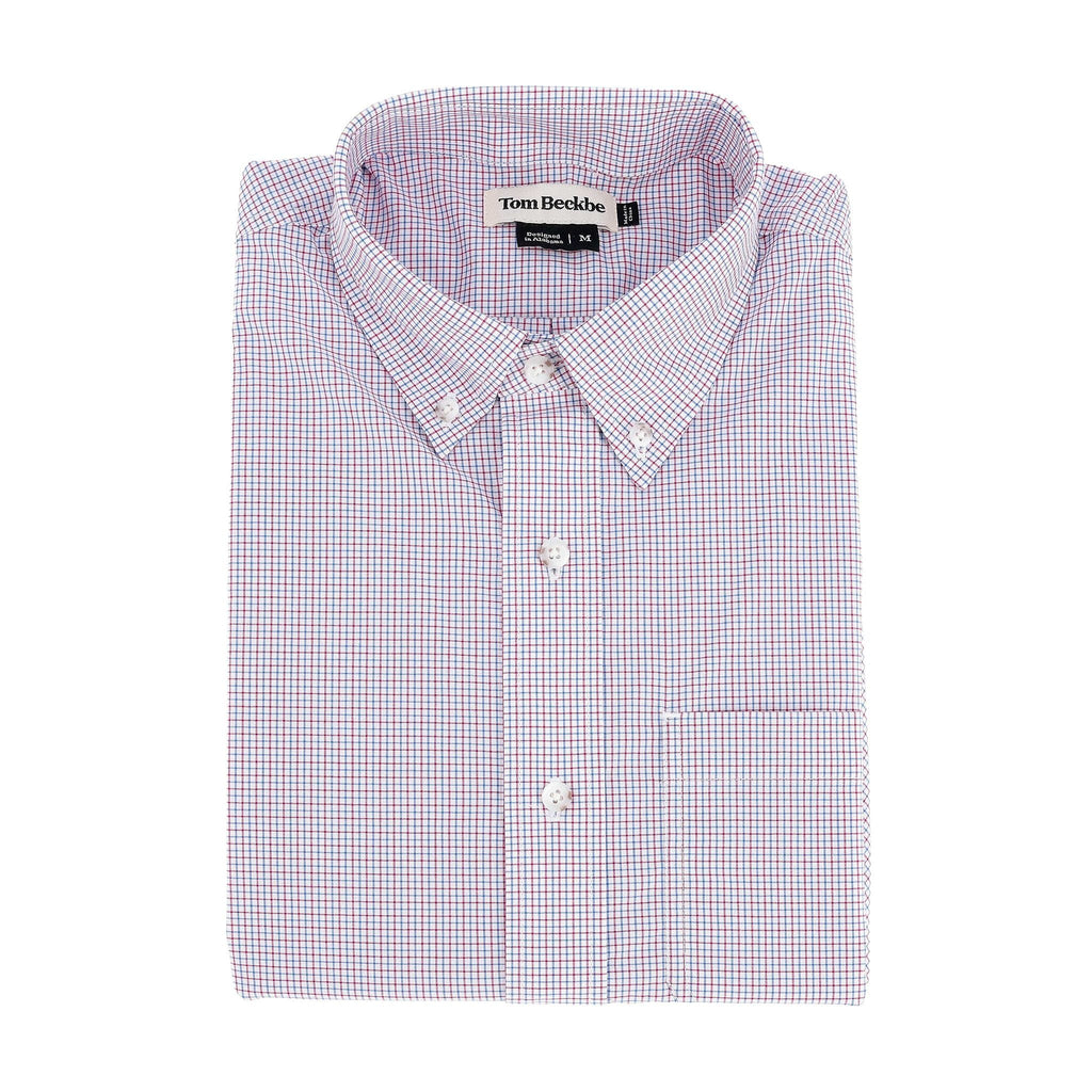 The Tom Beckbe Powell Performance Shirt features pink/blue checks, UPF 30+, long sleeves, and a front pocket.