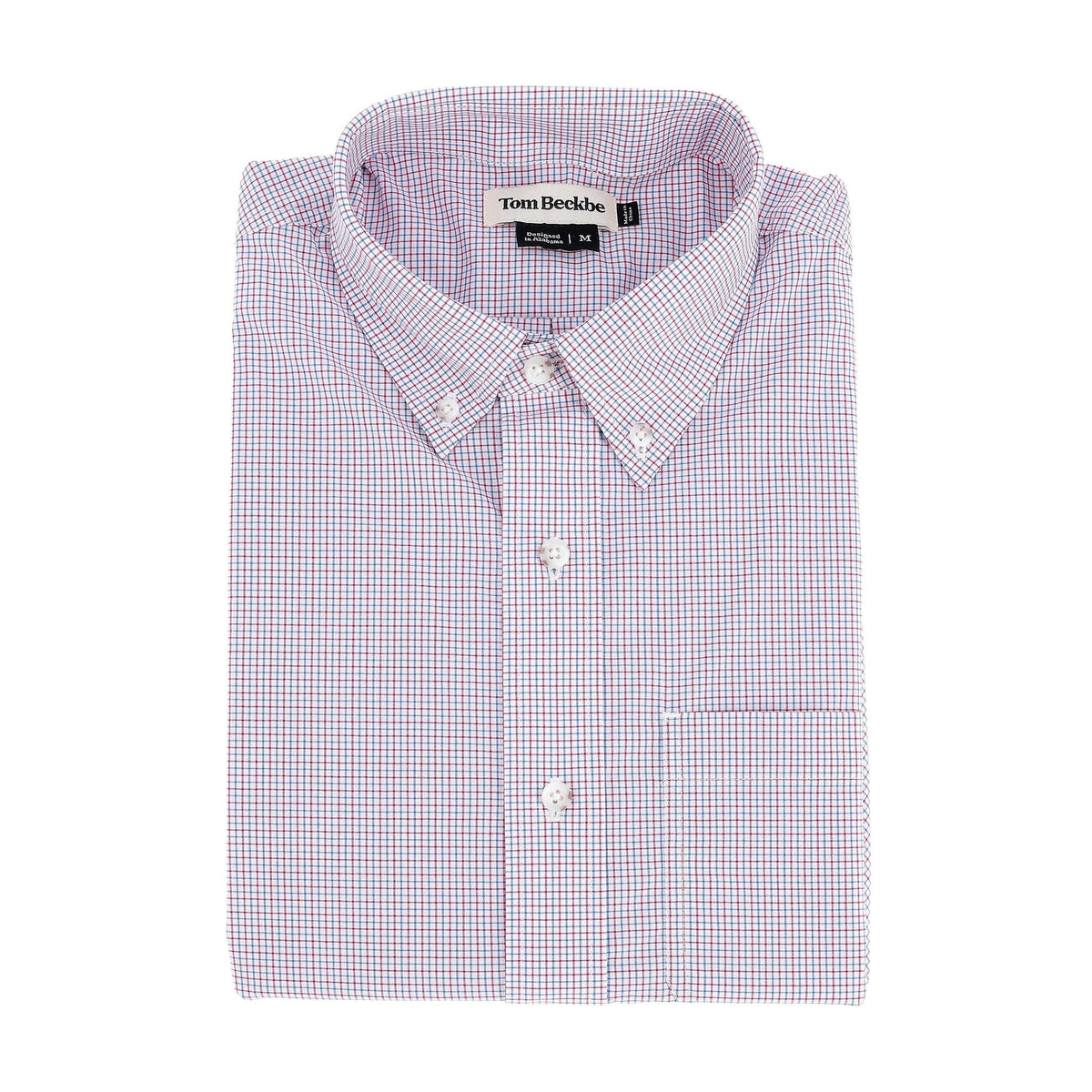 The Tom Beckbe Powell Performance Shirt features pink/blue checks, UPF 30+, long sleeves, and a front pocket.