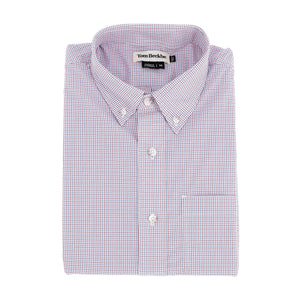 The Tom Beckbe Powell Performance Shirt features pink/blue checks, UPF 30+, long sleeves, and a front pocket.