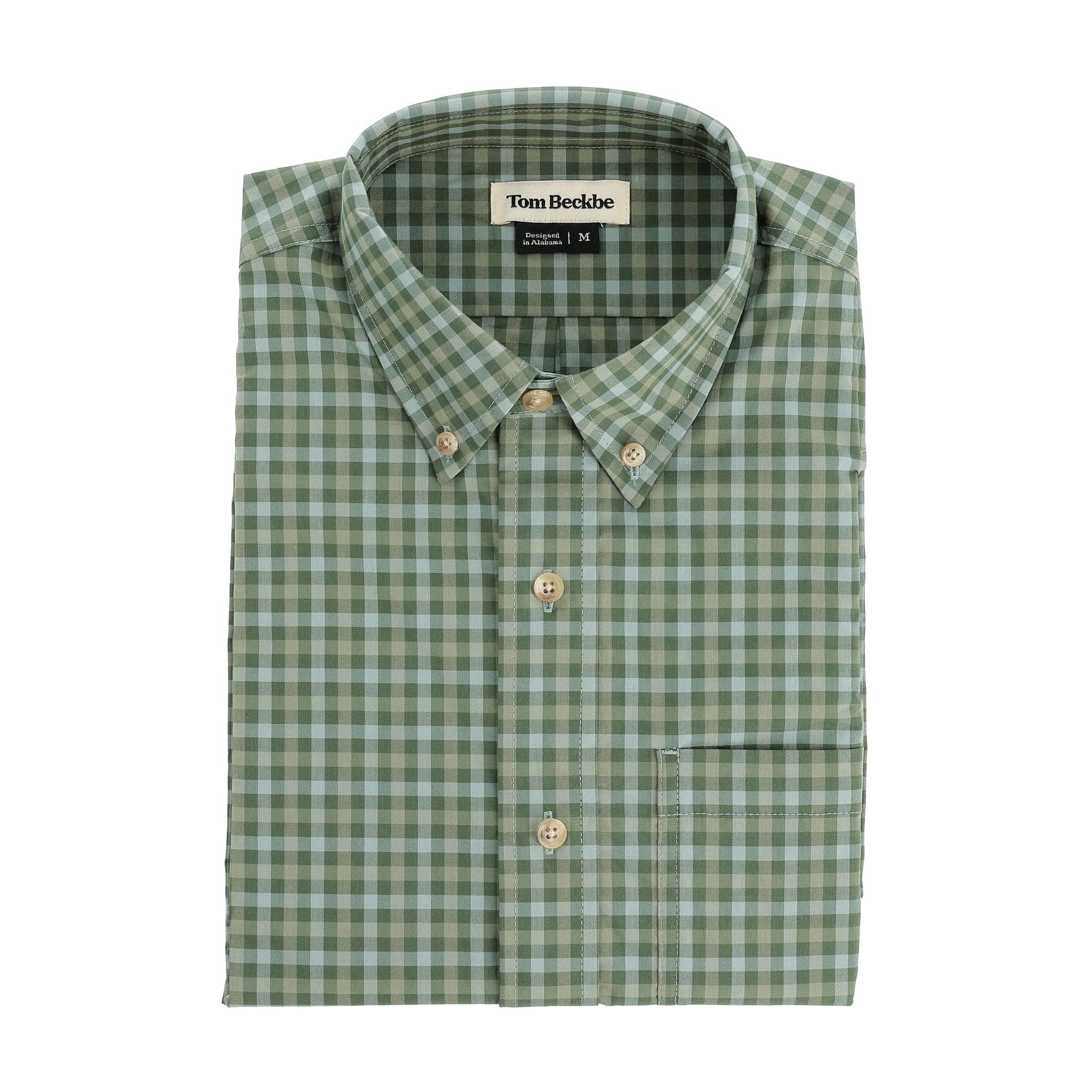 Tom Beckbe Powell Performance Shirt: green/white check, lightweight, UPF 30+, button-down with pocket and collar label.
