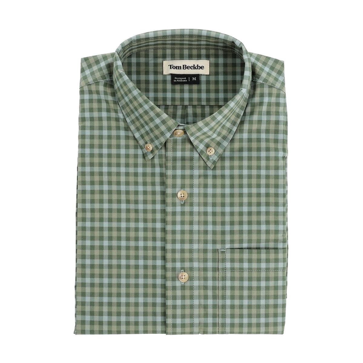 Tom Beckbe Powell Performance Shirt: green/white check, lightweight, UPF 30+, button-down with pocket and collar label.