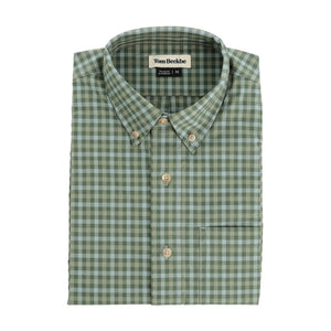Tom Beckbe Powell Performance Shirt: green/white check, lightweight, UPF 30+, button-down with pocket and collar label.