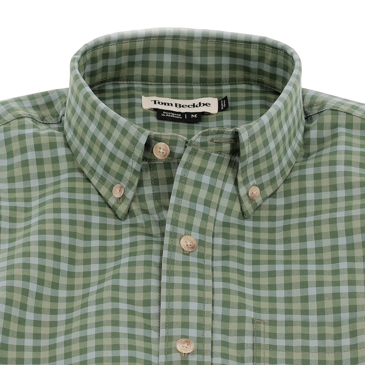 Tom Beckbe Powell Performance Shirt: green/white checks, collar, front buttons, UPF 30+ protection.