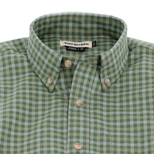 Tom Beckbe Powell Performance Shirt: green/white checks, collar, front buttons, UPF 30+ protection.