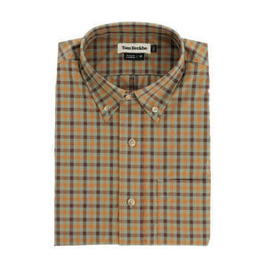 The Tom Beckbe Powell Performance Shirt features orange, blue, and tan plaid, front pocket, collar, and UPF 30+ protection.