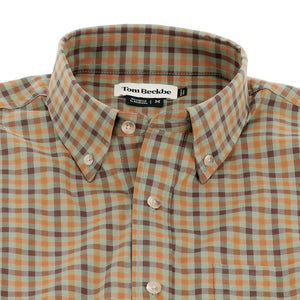 Tom Beckbe Powell Performance Shirt, plaid in brown/blue/tan, chest pocket, UPF 30+, size M.