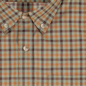 Close-up of the Tom Beckbe Powell Performance Shirt in orange, brown, and light blue plaid with white buttons.