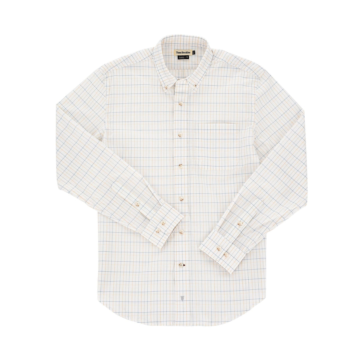 Tom Beckbes Powell Performance Shirt: Lightweight, beige/blue checkered, long sleeves, UPF 30+, front chest pocket.