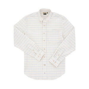 Tom Beckbes Powell Performance Shirt: Lightweight, beige/blue checkered, long sleeves, UPF 30+, front chest pocket.