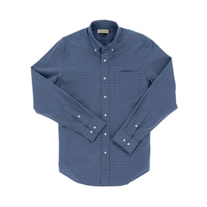 A lightweight long sleeve Powell Performance Shirt by Tom Beckbe, with blue checkered pattern and chest pocket.