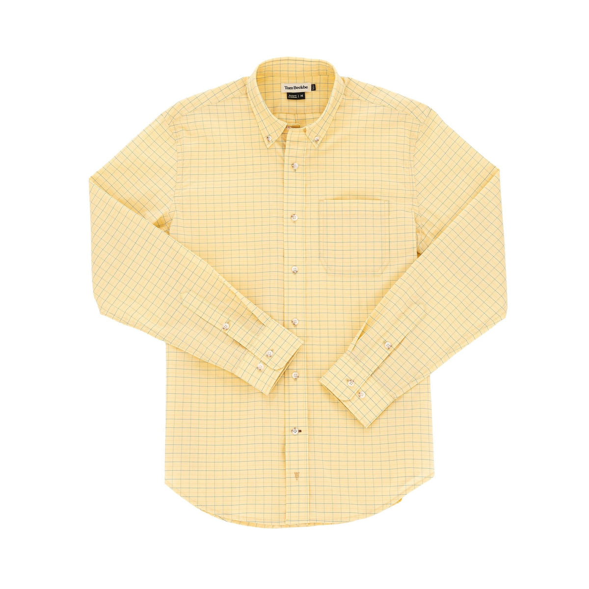 Powell Performance Shirt by Tom Beckbe: Yellow checkered, long-sleeve, UPF 30+, with collar & chest pocket on white background.