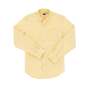 Powell Performance Shirt by Tom Beckbe: Yellow checkered, long-sleeve, UPF 30+, with collar & chest pocket on white background.