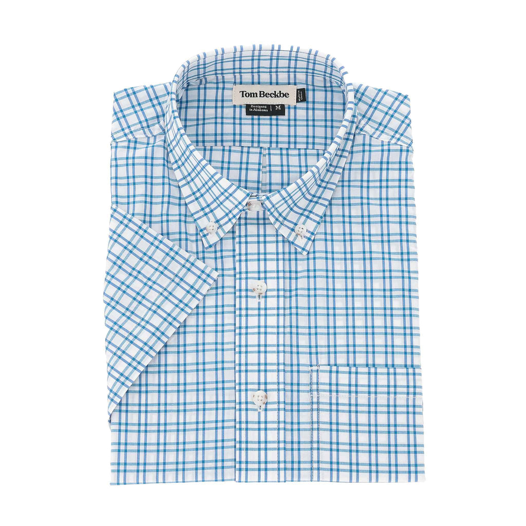 The Tom Beckbe Powell Performance Shirt features blue/white plaid, UPF 30+, short sleeves, button-up, and front pocket.