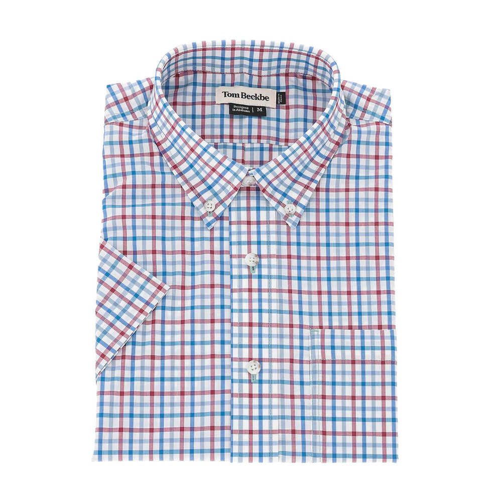 Tom Beckbe Powell Performance Short Sleeve Shirt in red, blue, and white plaid with UPF 30+ and front pocket.