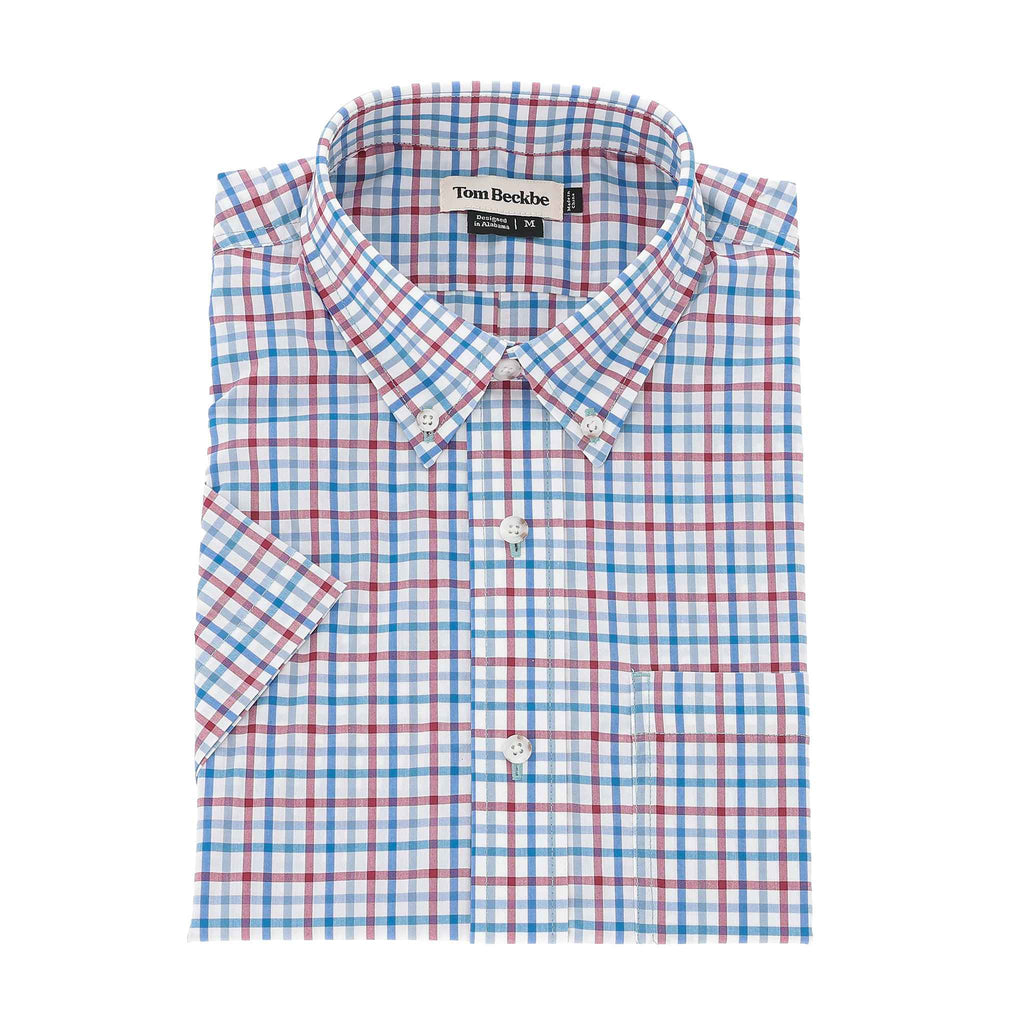 Tom Beckbe Powell Performance Short Sleeve Shirt in red, blue, and white plaid with UPF 30+ and front pocket.