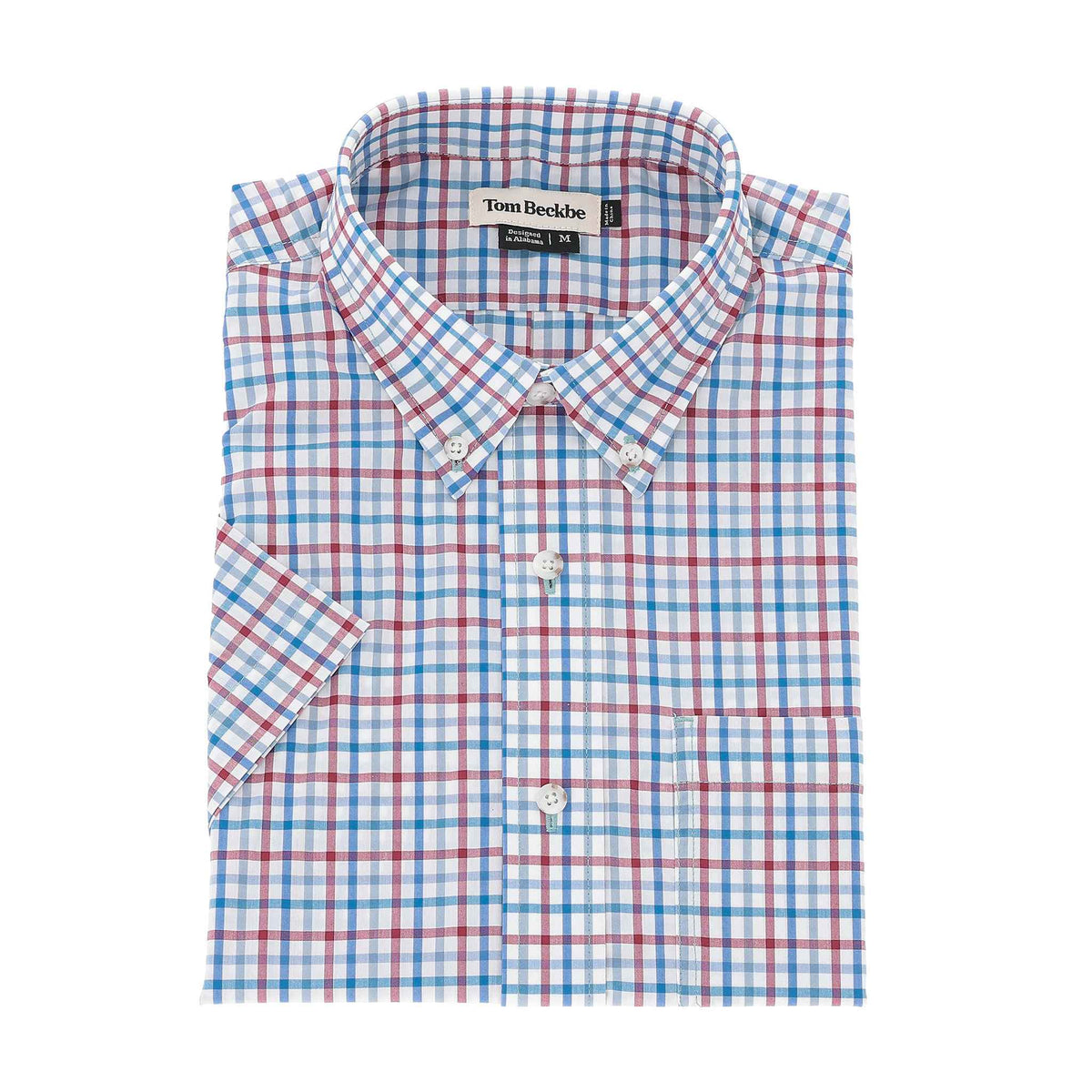 Tom Beckbe Powell Performance Short Sleeve Shirt in red, blue, and white plaid with UPF 30+ and front pocket.