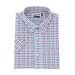 Tom Beckbe Powell Performance Short Sleeve Shirt in red, blue, and white plaid with UPF 30+ and front pocket.