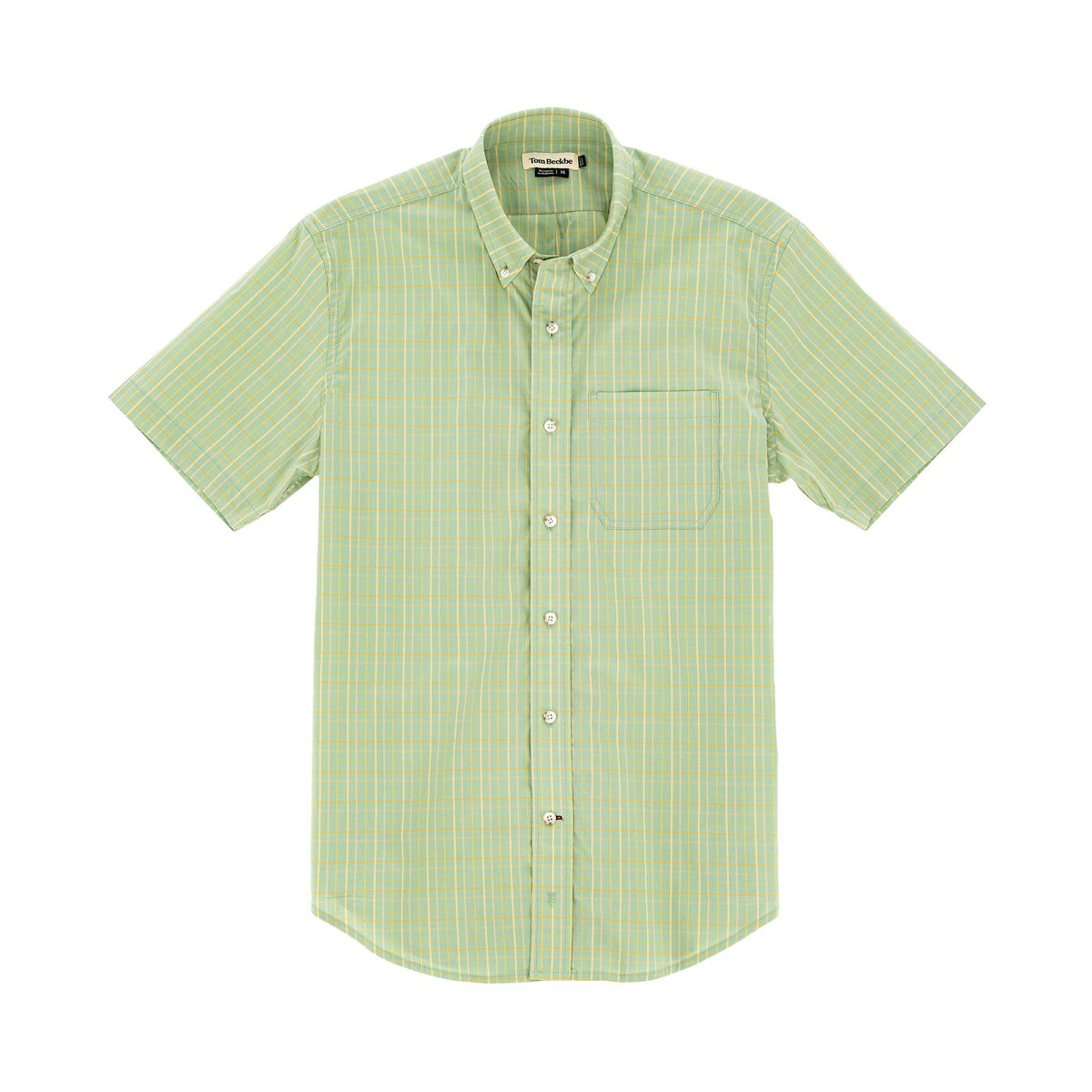 The Tom Beckbe Powell Performance Shirt: a light green, UPF 30+ plaid short sleeve with chest pocket, ideal for sports.