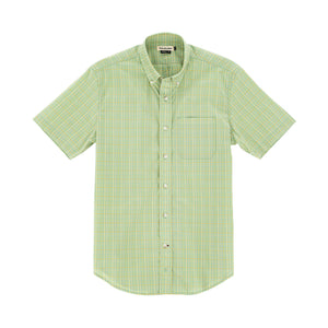 The Tom Beckbe Powell Performance Shirt: a light green, UPF 30+ plaid short sleeve with chest pocket, ideal for sports.