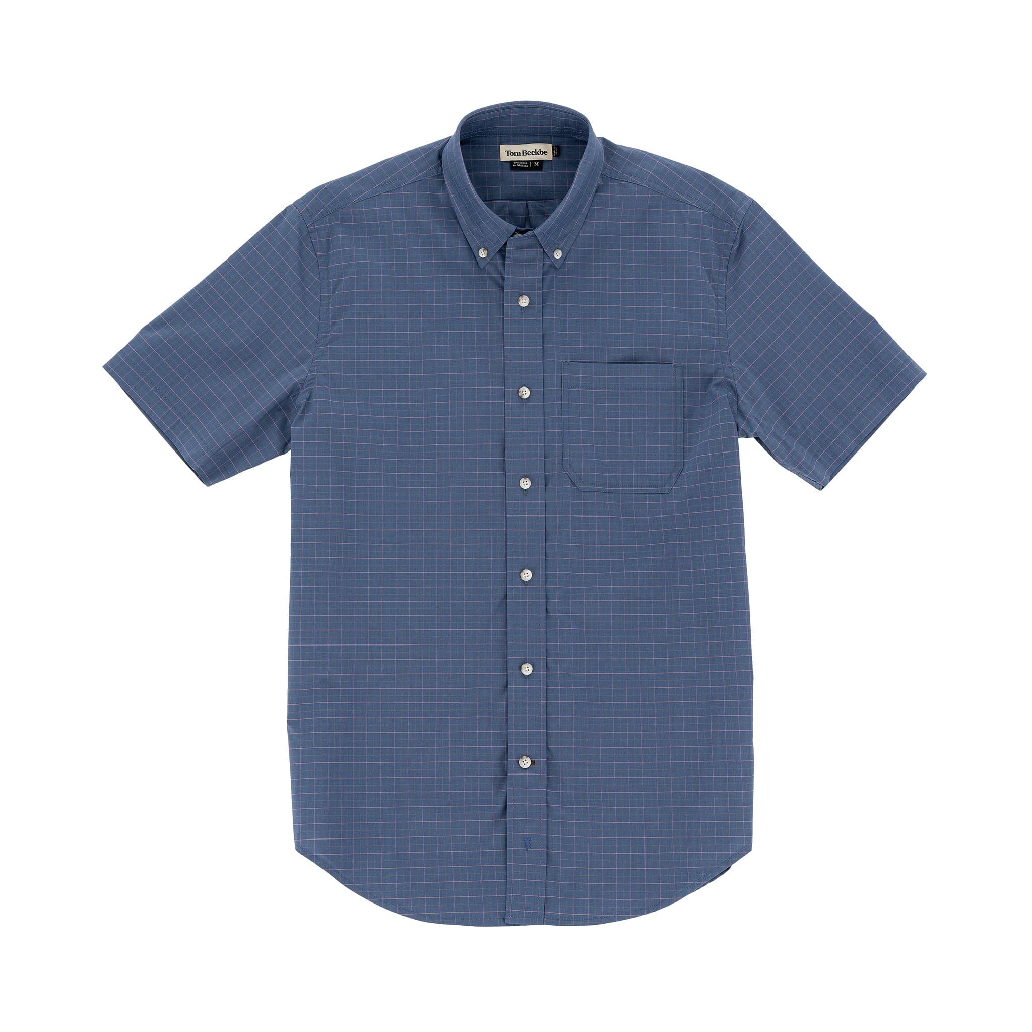 Tom Beckbes Powell Performance Shirt: A lightweight blue short-sleeve with UPF 30+, grid pattern, and chest pocket.