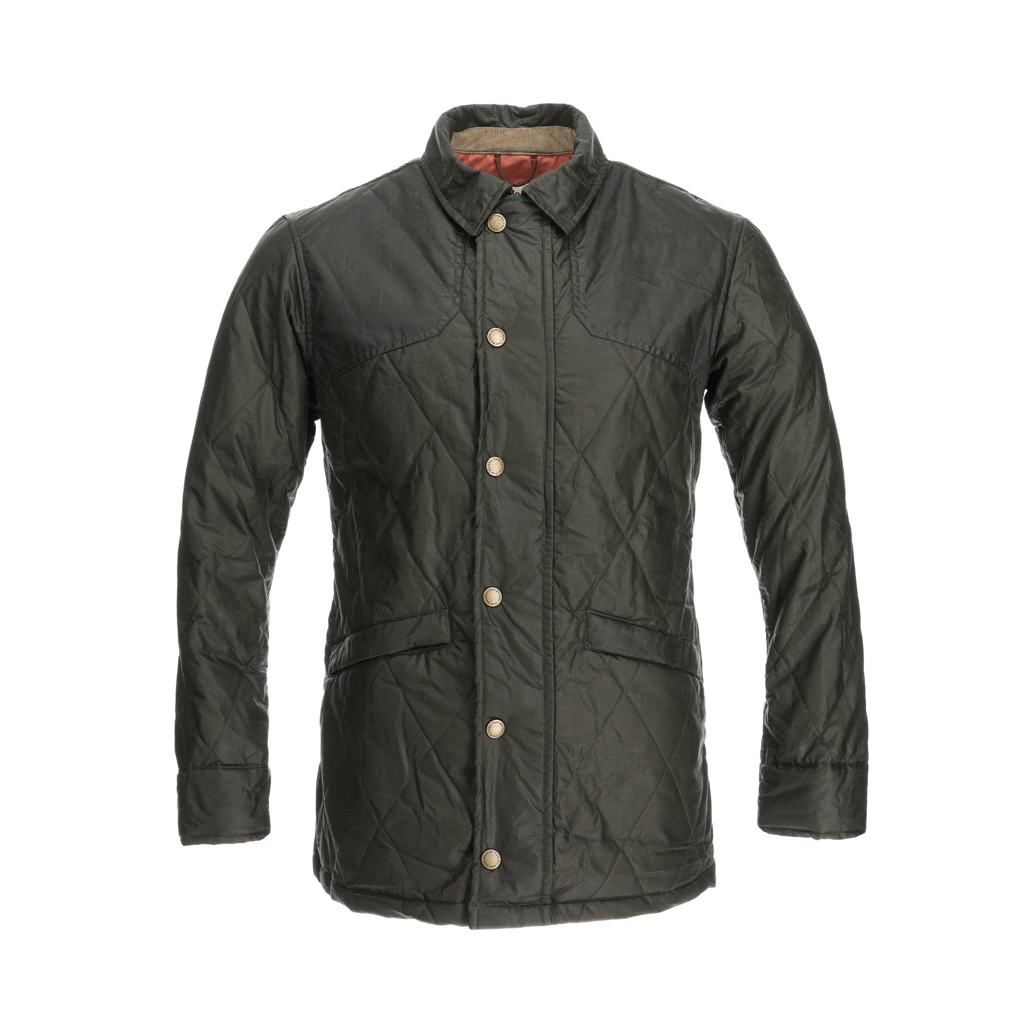 The Tom Beckbe Paddock Quilted Jacket, dark green, has insulation, a collar, front buttons, and two large waist pockets.