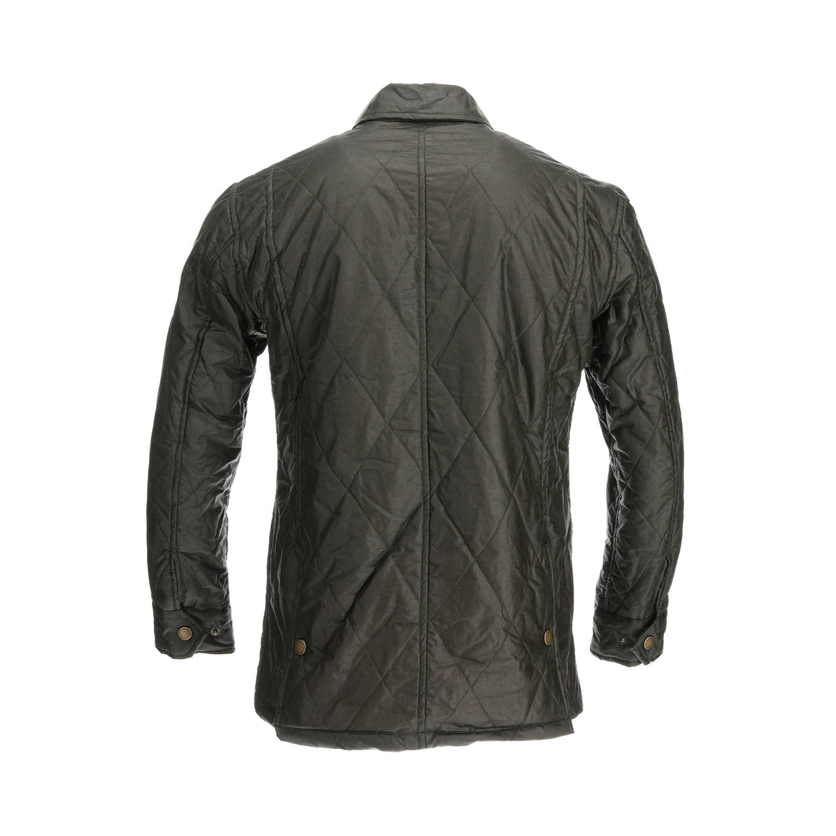 Rear view of the dark green Tom Beckbe Paddock Quilted Jacket with collar and buttoned cuffs on a white background.