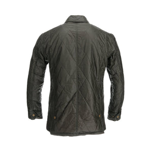 Rear view of the dark green Tom Beckbe Paddock Quilted Jacket with collar and buttoned cuffs on a white background.