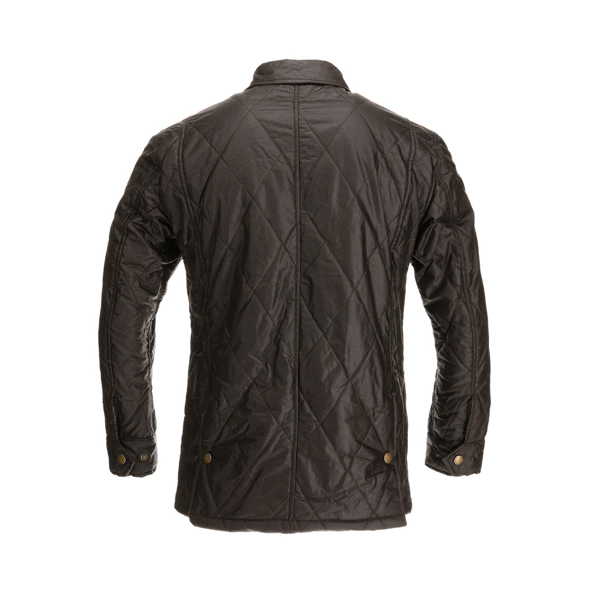 Back view of the Tom Beckbe Paddock Quilted Jacket, dark brown with breathable insulation, long sleeves, cuff buttons, and a collar.