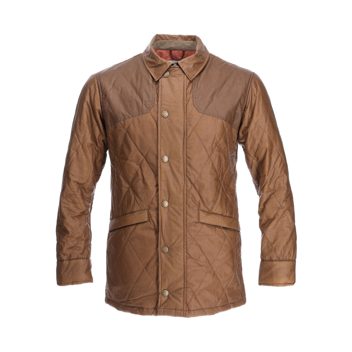 Tom Beckbes Paddock Quilted Jacket, brown with a collar, button closure, front pockets, and breathable insulation.