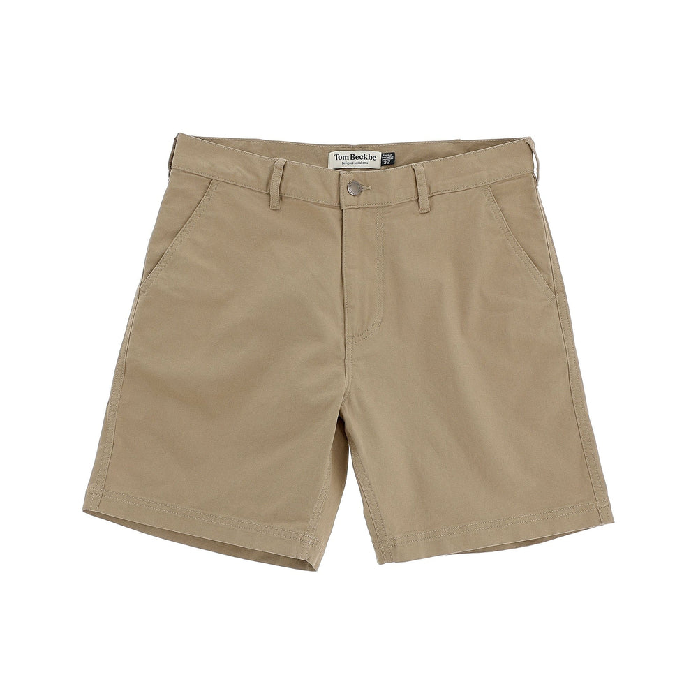 Reid Short by Tom Beckbe: Mid-rise, cotton chino with pockets, brass zip fly, belt loops & button closure.