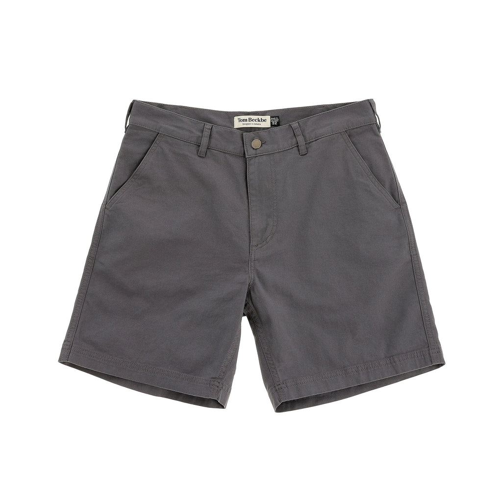 Reid Short by Tom Beckbe: Mid-rise gray cotton chinos with side pockets, belt loops, brass zip fly, and button closure.