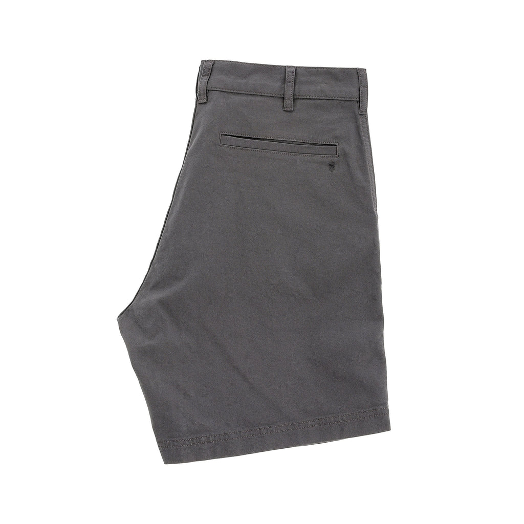 Tom Beckbes Reid Short: gray knee-length cotton chino with back pocket, belt loops, and antique brass zip fly.
