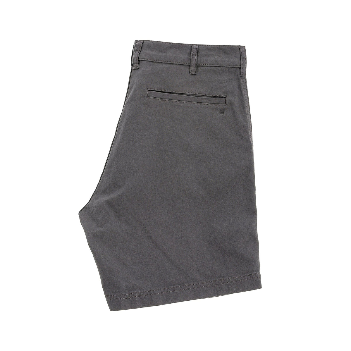 Tom Beckbes Reid Short: gray knee-length cotton chino with back pocket, belt loops, and antique brass zip fly.