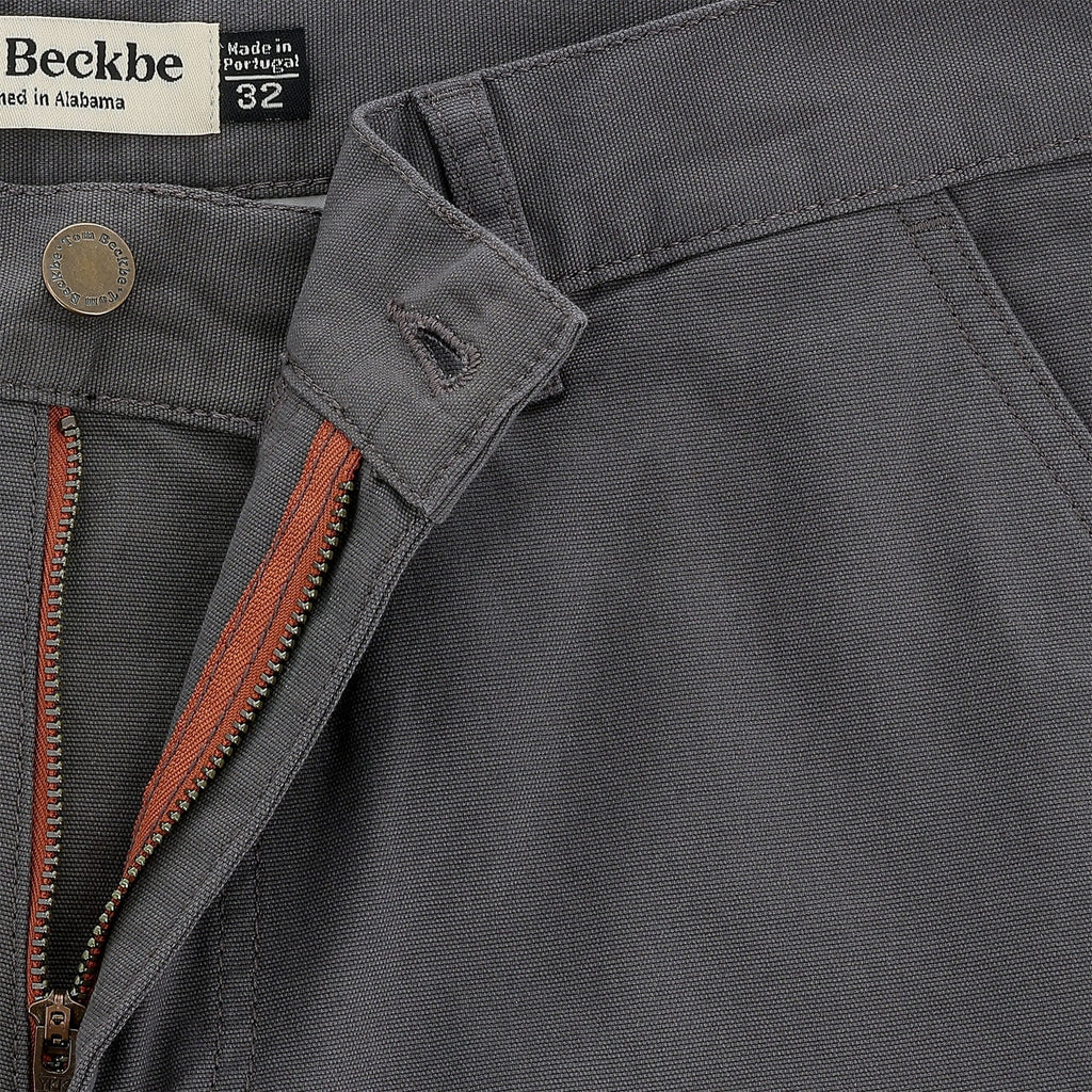 Gray Reid Shorts from Tom Beckbe, size 32. Features antique brass zip fly and leather lining. Made in Portugal.