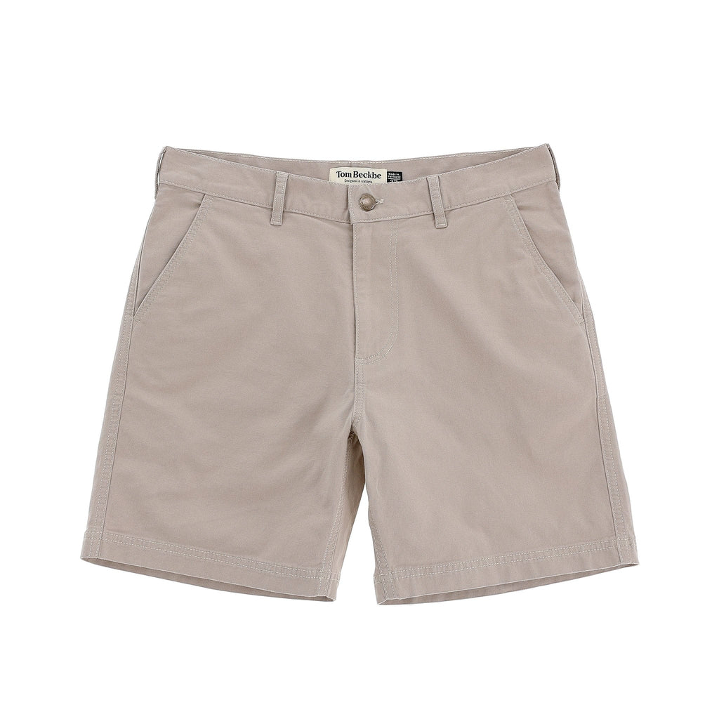 The Tom Beckbe Reid Short features a mid-rise fit, belt loops, brass zip fly, and two side pockets on a white background.
