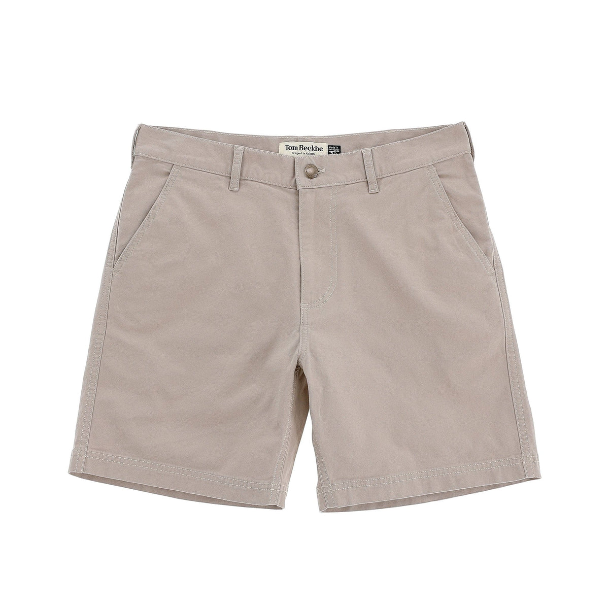 The Tom Beckbe Reid Short features a mid-rise fit, belt loops, brass zip fly, and two side pockets on a white background.
